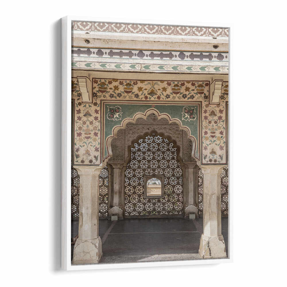 ORNATE ARCHWAY , INDIAN ART PAINTINGS showing carved jali screen and painted floral arch in a Rajasthani palace
