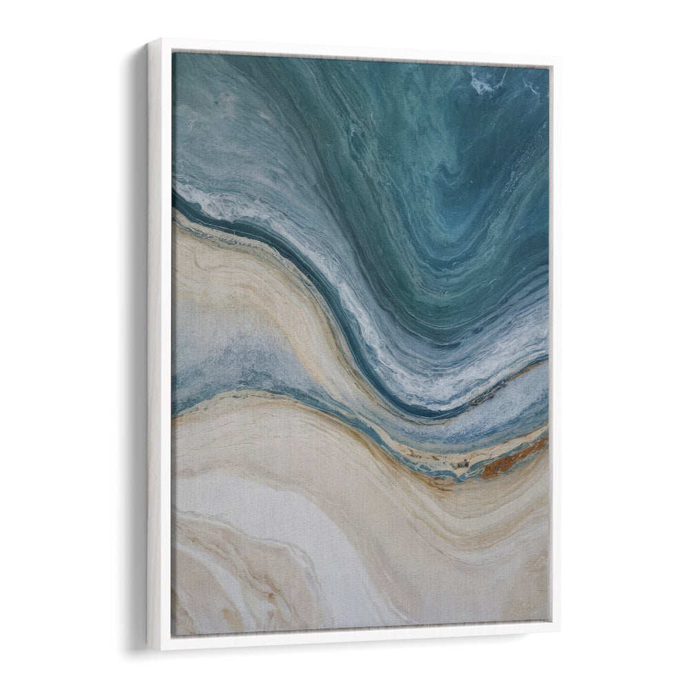 Abstract painting "SANDY SHORES, ABSTRACT PAINTINGS" captures coastal tranquility in beautiful blues and sandy tones.