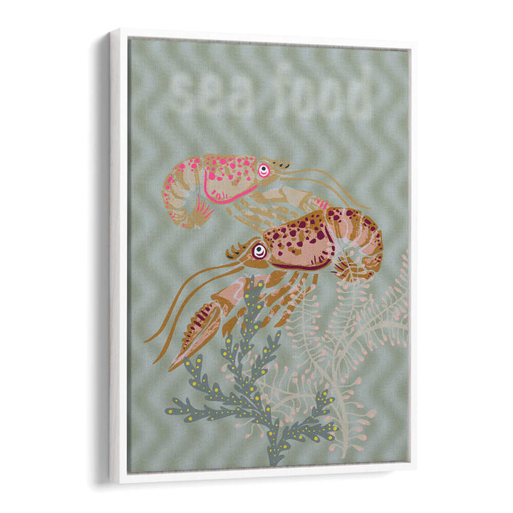 Colorful SEA FOOD V, BEACH PAINTINGS showcasing shrimp, perfect for enhancing coastal decor in any home.