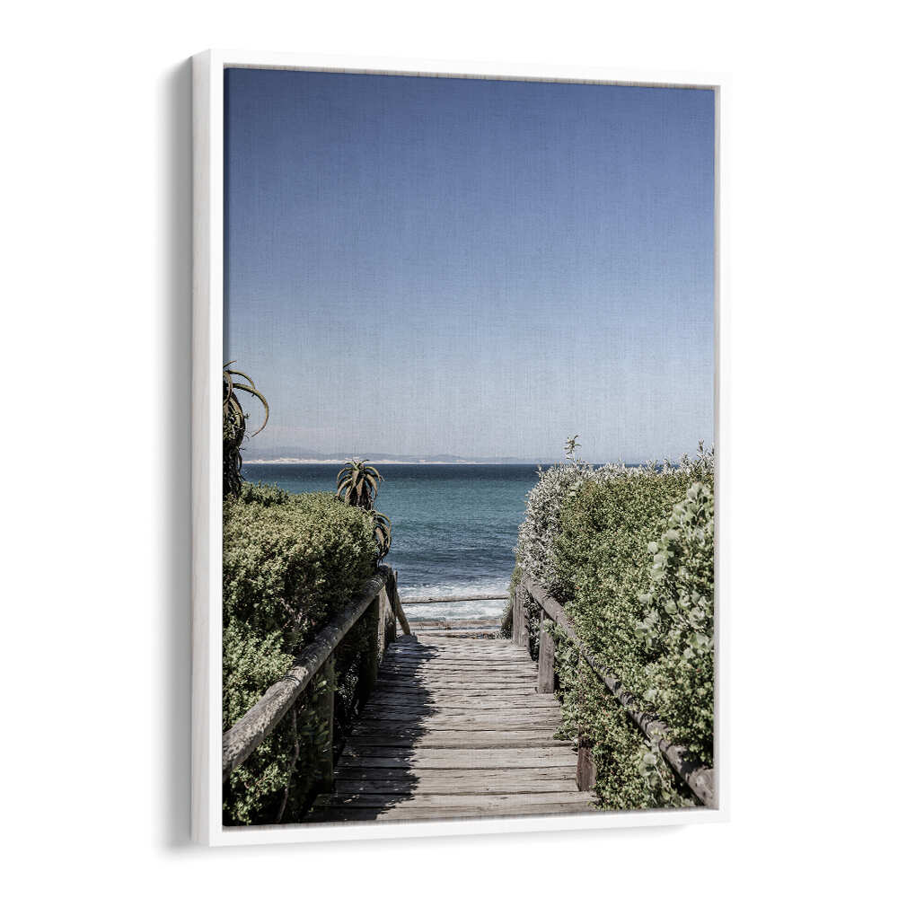 SEASIDE TRANQUILITY , BEACH PAINTINGS wooden boardwalk through dunes to turquoise ocean with clear sky