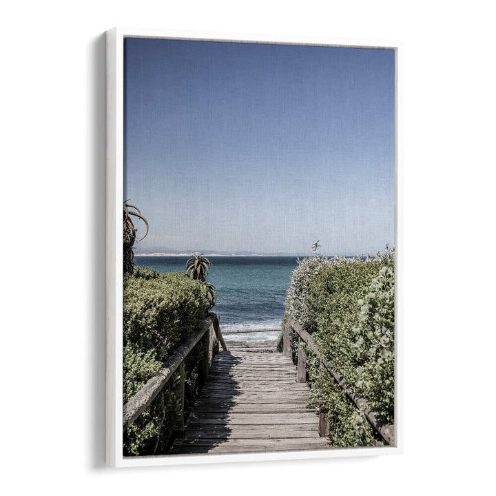 SEASIDE TRANQUILITY , BEACH PAINTINGS wooden boardwalk through dunes to turquoise ocean with clear sky