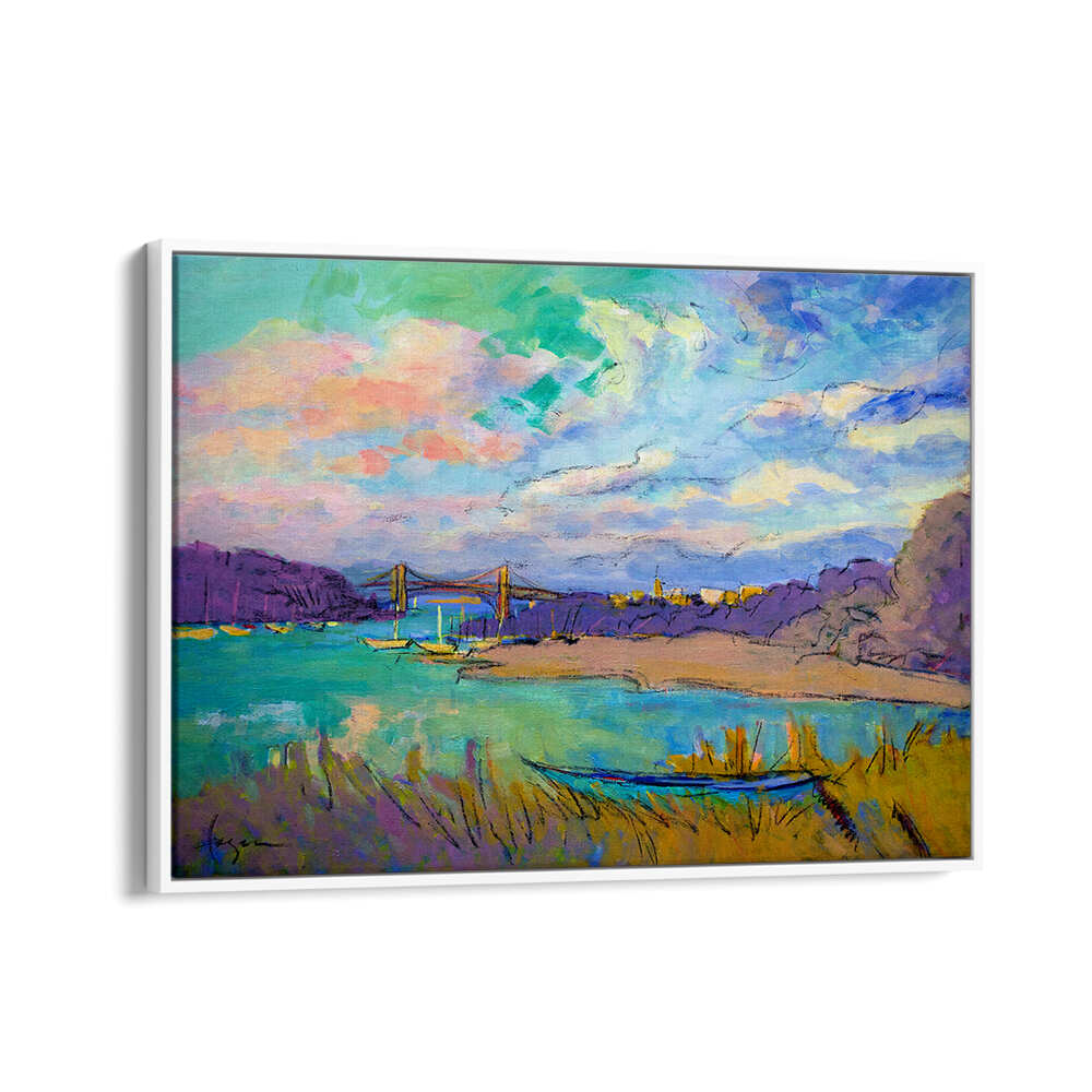 WhiteFloater SERENE RIVER SKIES , LANDSCAPE PAINTINGS, colorful river vista with bridge, boat and pastel skies
