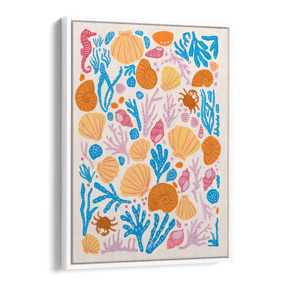 Colorful marine life and shells in SEA CRITTERS COLOR ON WHITE, BEACH PAINTINGS, perfect for beach-inspired decor.