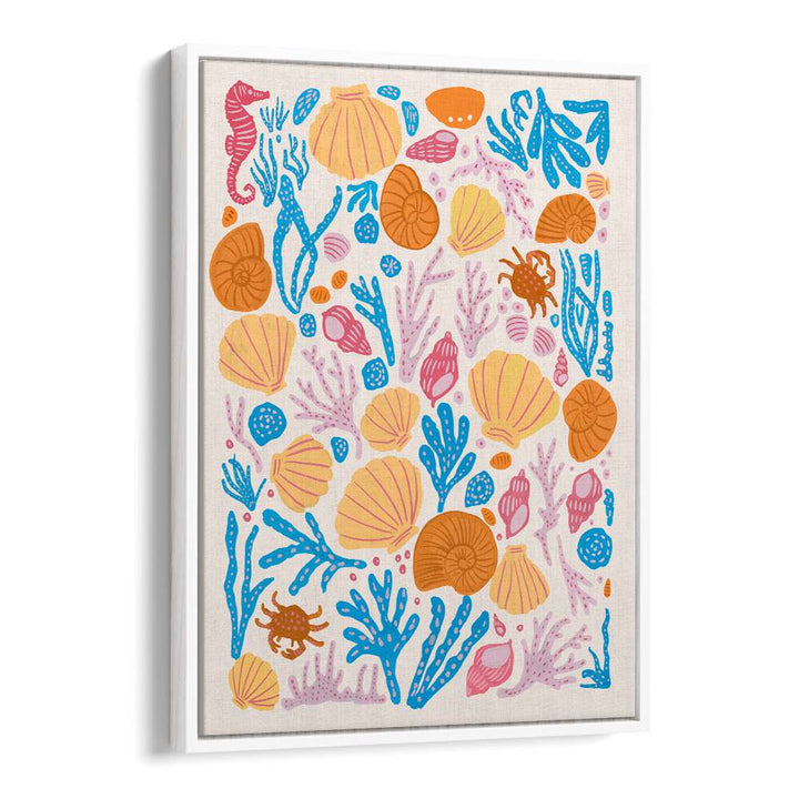 Colorful marine life and shells in SEA CRITTERS COLOR ON WHITE, BEACH PAINTINGS, perfect for beach-inspired decor.