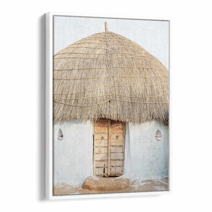 THATCHED HAVEN , INDIAN ART PAINTINGS WhiteFloater: rustic thatched hut with wooden door and whitewashed walls