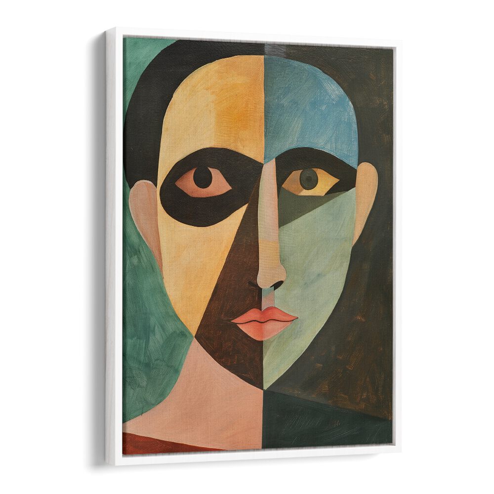 Vibrant artwork titled THE MAN IN GREEN, PORTRAITS showcasing a unique abstract face illustration.