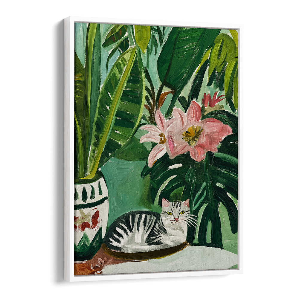 TROPICAL MUSE WITH CAT , FLORAL FLOWER PAINTINGS