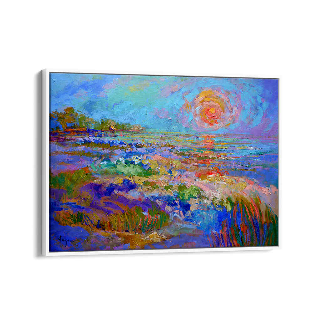 VIVID HORIZON GLOW , LANDSCAPE PAINTINGS luminous seaside sunrise in vivid blues, pinks and golds, framed art