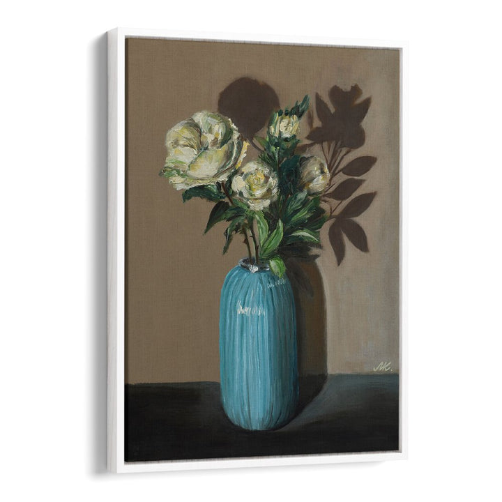 WHITE PEONIES IN BLUE VASE