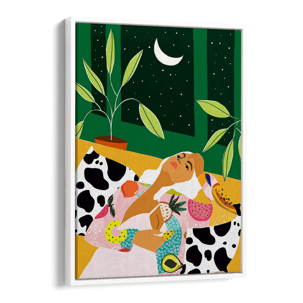 WOMAN RELAXING UNDER A CRESCENT MOON , FASHION POSTERS