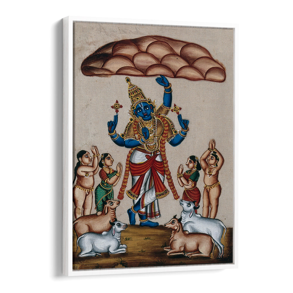 KRISHNA LIFTING MOUNT GOVARDHAN , INDIAN ART PAINTINGS
