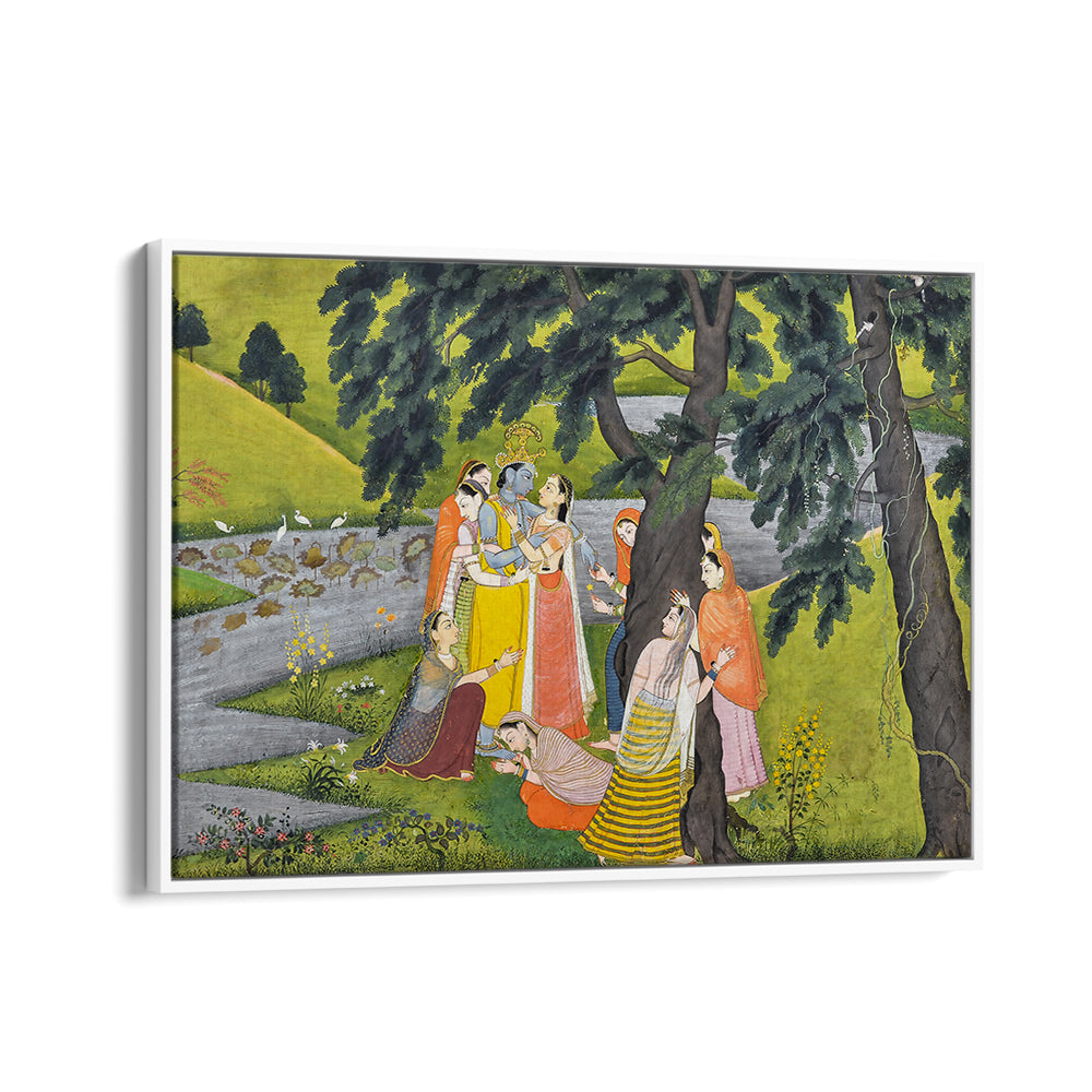 KRISHNA AND THE GOPIS ON THE BANK OF THE YAMUNA RIVER , INDIAN ART PAINTINGS