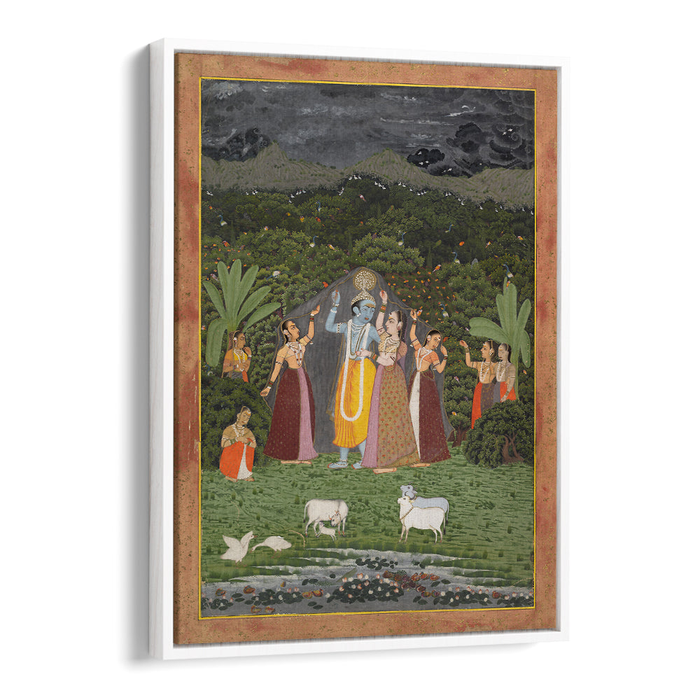 KRISHNA AND THE GOPIS TAKE SHELTER FROM THE RAIN , INDIAN ART PAINTINGS