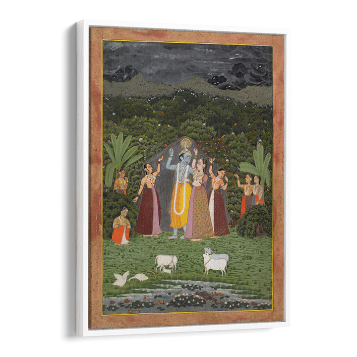 KRISHNA AND THE GOPIS TAKE SHELTER FROM THE RAIN , INDIAN ART PAINTINGS