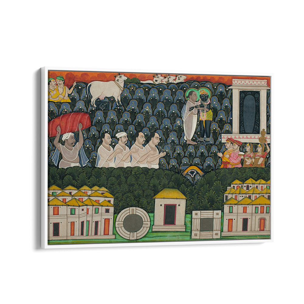 PRATHAM MILAN SHRINATHJI REVEALING HIMSELF TO VALABHACHARYA ON MOUNT GOVARDHAN  SACRED ENCOUNTER ON MOUNT GOVARDHAN , INDIAN ART PAINTINGS