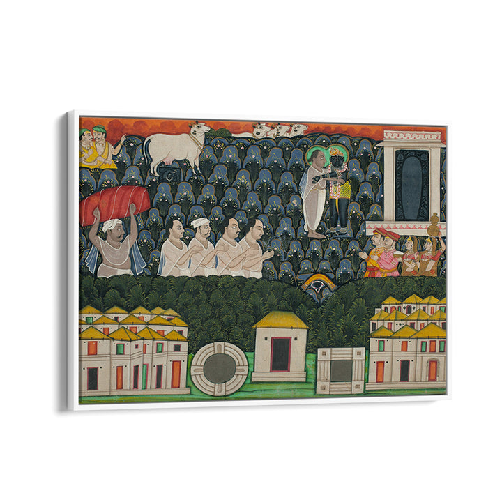 PRATHAM MILAN SHRINATHJI REVEALING HIMSELF TO VALABHACHARYA ON MOUNT GOVARDHAN  SACRED ENCOUNTER ON MOUNT GOVARDHAN , INDIAN ART PAINTINGS