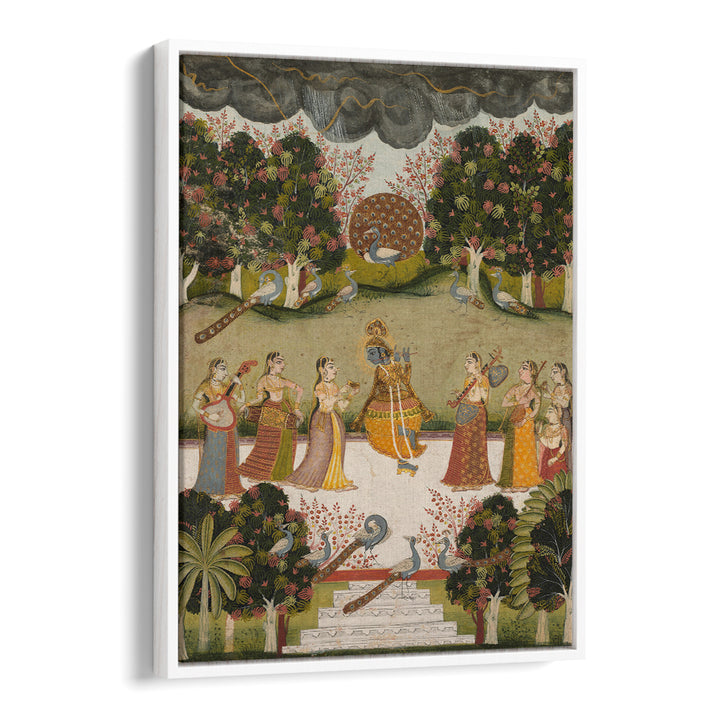 KRISHNA PLAYING THE FLUTE TO SEVEN GOPIS HOLDING MUSICAL INSTRUMENTS , INDIAN ART PAINTINGS