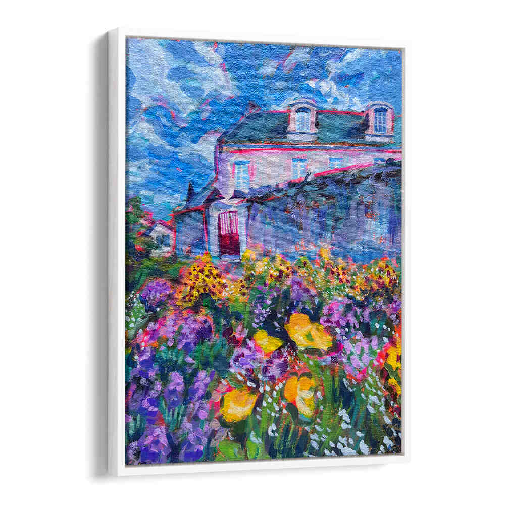 FLEURS , LANDSCAPE PAINTINGS vibrant field of blooming flowers before a cottage with a dramatic blue sky