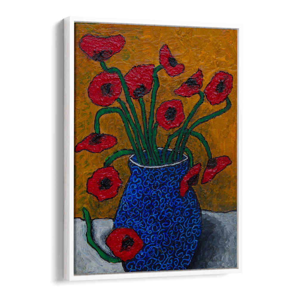 Vibrant POPPIES, FLORAL FLOWER PAINTINGS in a blue vase, adding elegance and color to any space. Perfect for home décor.