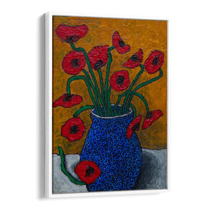 Vibrant POPPIES, FLORAL FLOWER PAINTINGS in a blue vase, adding elegance and color to any space. Perfect for home décor.