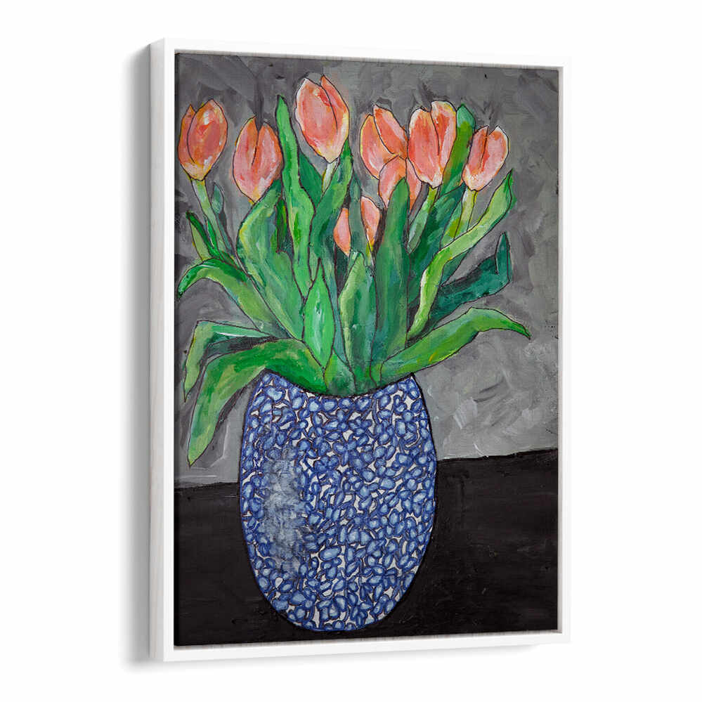 Vibrant tulips in a striking blue vase, showcasing TULIPS IN BLUE VASE I, FLORAL FLOWER PAINTINGS for elegant decor.