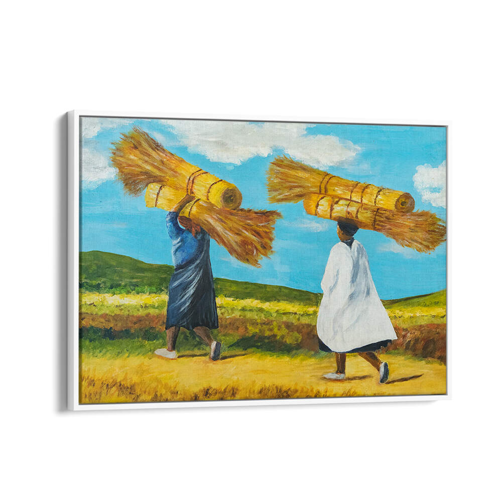 Two figures carrying bundles of hay across a lush landscape in BALANCE, INDIAN ART PAINTINGS for cultural elegance.