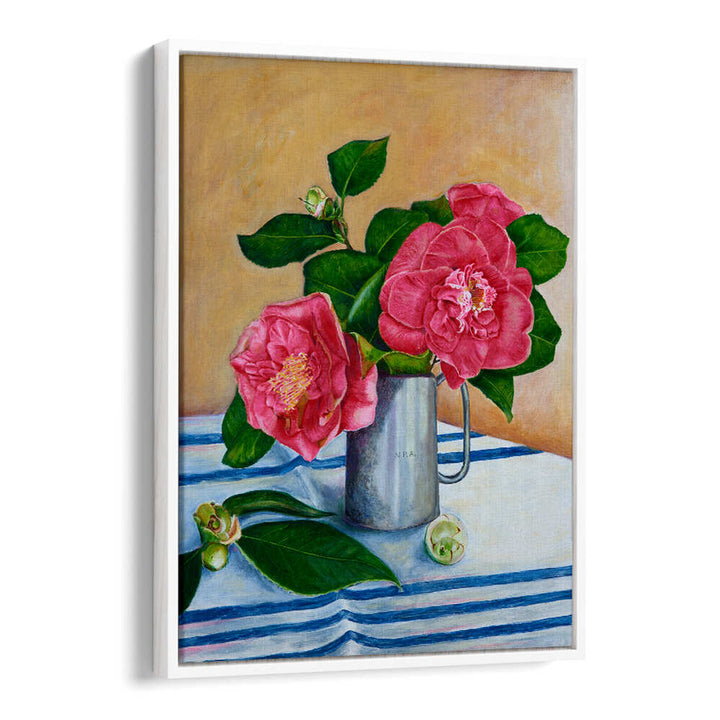 Vibrant Camelia Floral Flower Paintings in a silver vase, perfect for enhancing your home décor.