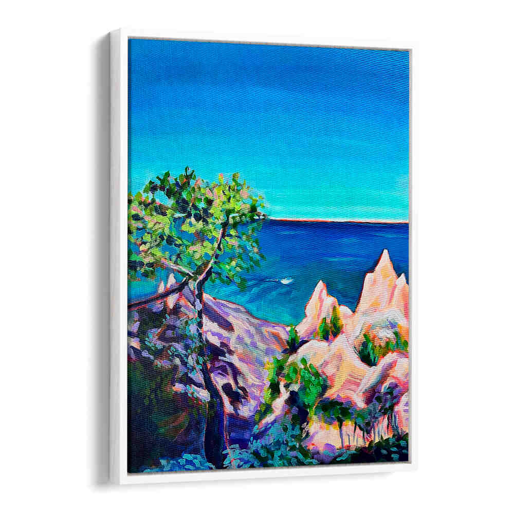 CHIMNEY BLUFFS , LANDSCAPE PAINTINGS by White Floater showing textured coastal cliffs, lone tree and blue sea
