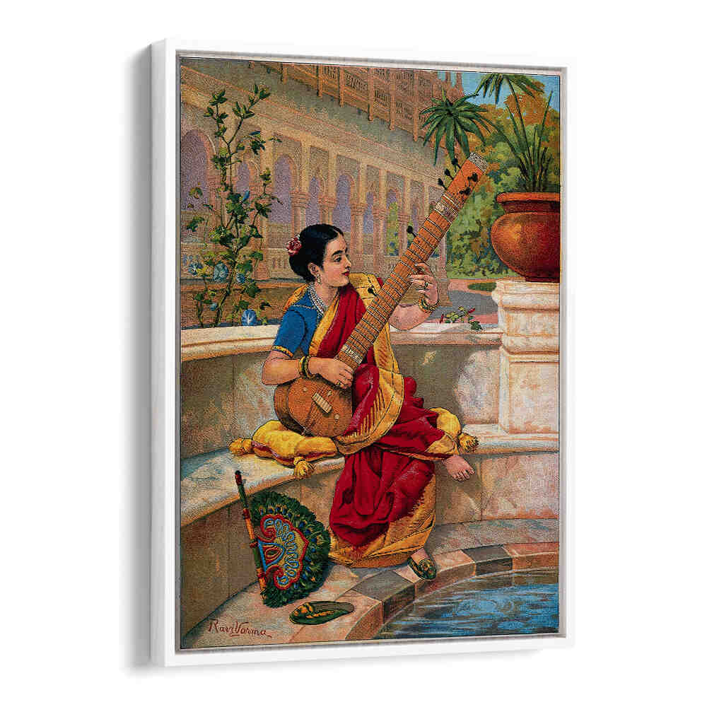 A SEATED INDIAN WOMAN PLAYS A SITAR NEXT TO A GARDEN POND , INDIAN ART PAINTINGS