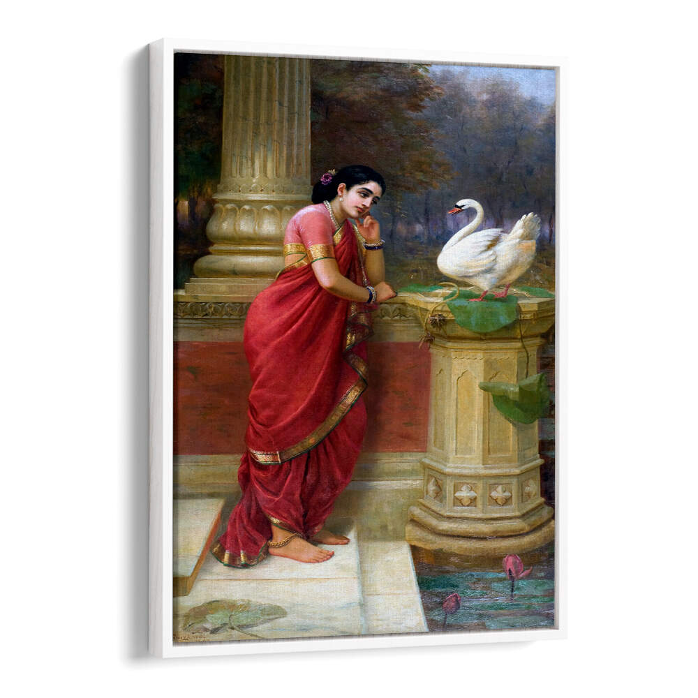 RAVI VARMA PRINCESS DAMAYANTHI TALKING WITH ROYAL SWAN ABOUT NALA , INDIAN ART PAINTINGS