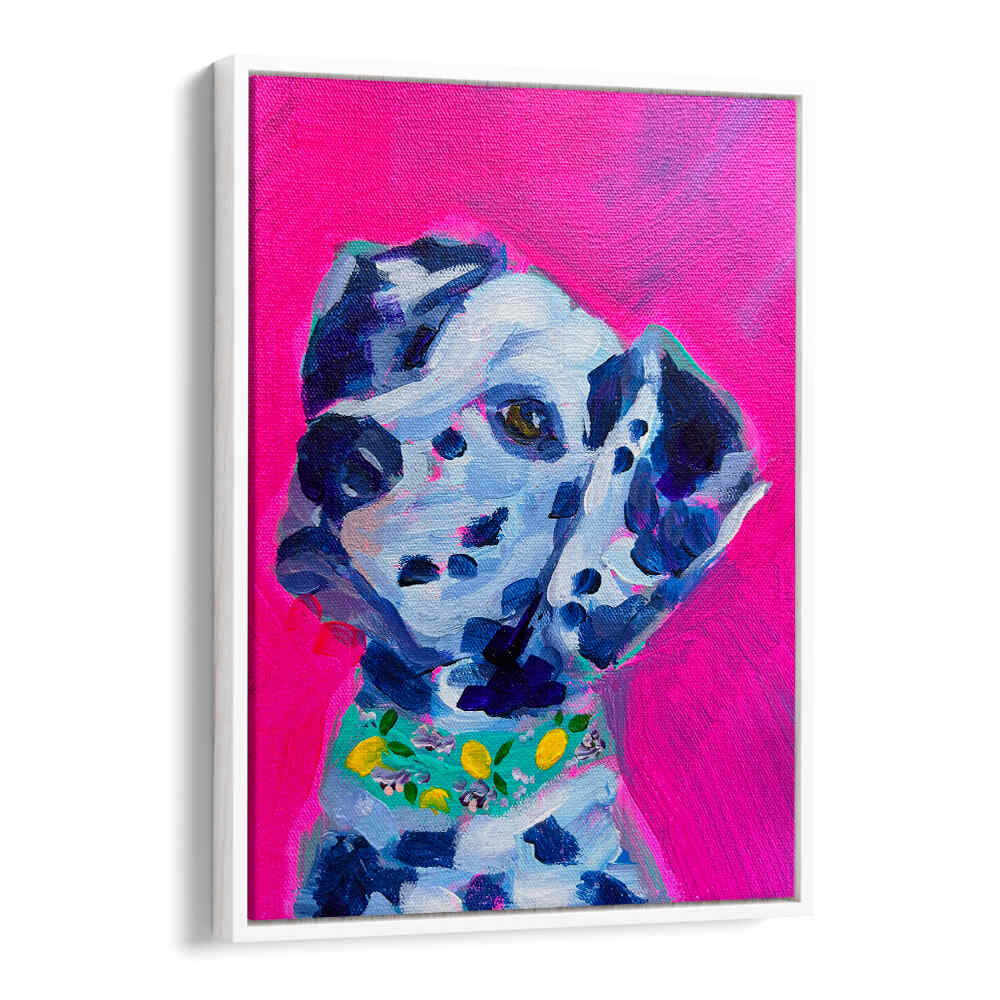 DALMATION , FASHION POSTERS vibrant pink Dalmatian portrait with couture collar, contemporary wall art