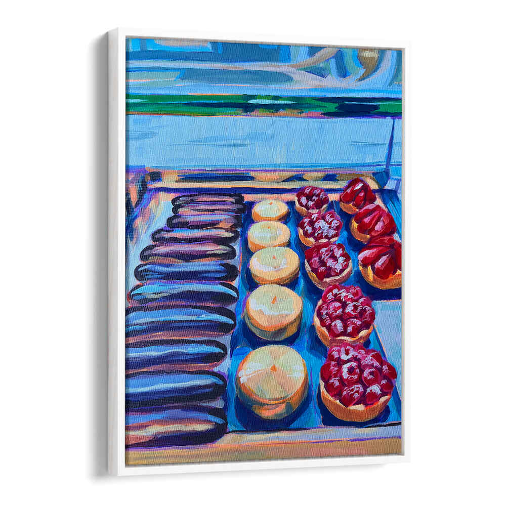 PÂTISSERIE , KITCHEN POSTERS by WHITEFLOATER showing colorful pastry display with éclairs, tarts and cream puffs