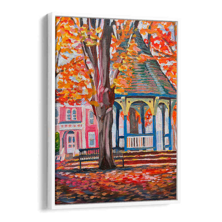 CORN HILL , LANDSCAPE PAINTINGS autumn gazebo, bench and Victorian house framed by vibrant orange trees