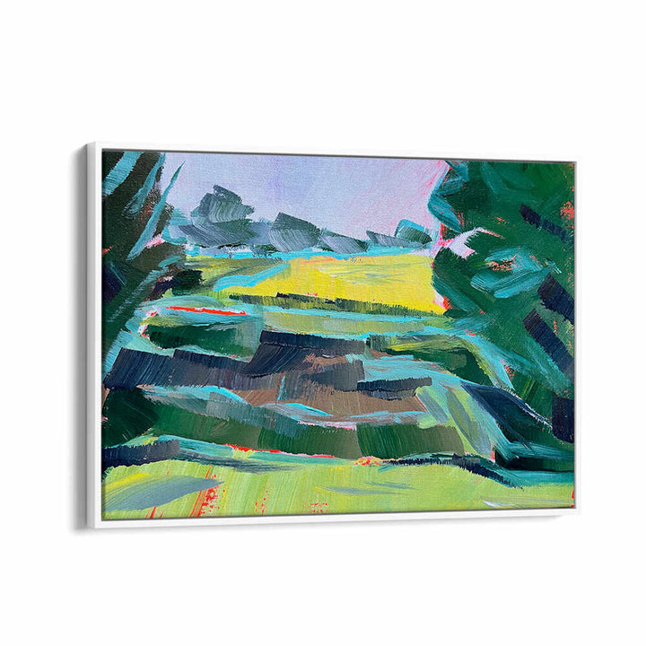 CANOLA FIELD DEUX , LANDSCAPE PAINTINGS by WhiteFloater: vibrant golden canola field with bold textured sky on canvas