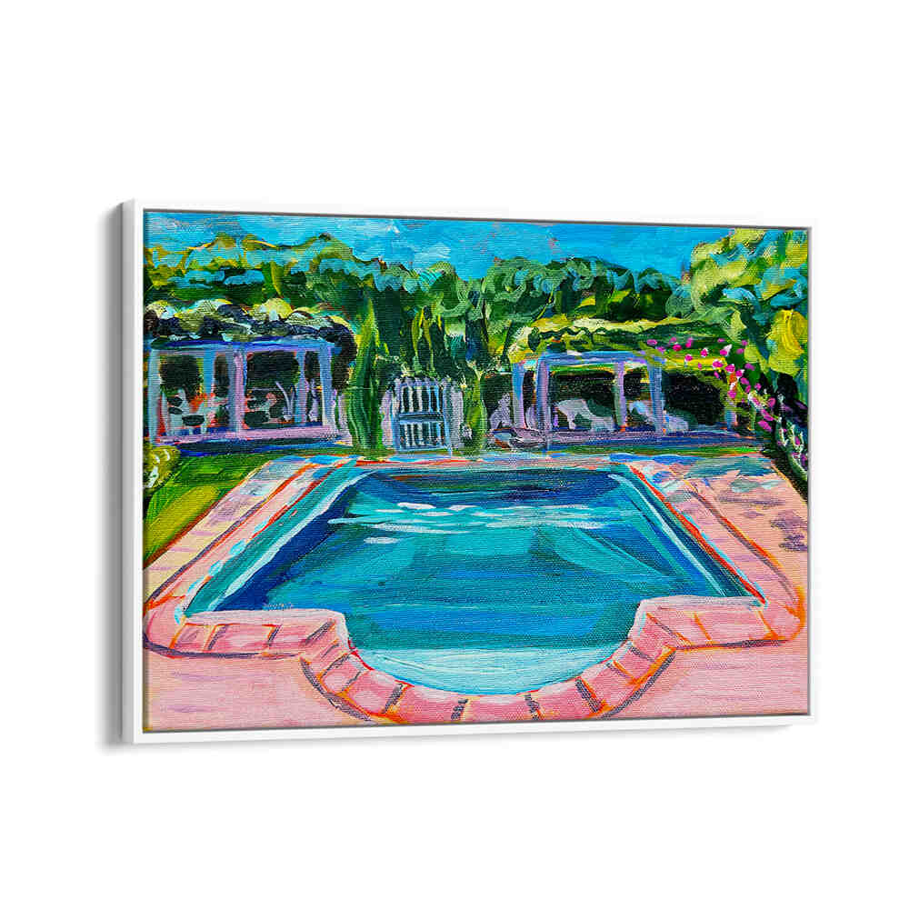 Sunlit pool and château garden reflections in POOL AT THE CHÂTEAU , LANDSCAPE PAINTINGS evoking a peaceful European retreat