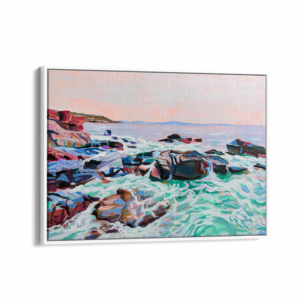 THUNDER HOLE , BEACH PAINTINGS gallery canvas of rocky coastline with crashing waves, sea spray and pastel sunset tones