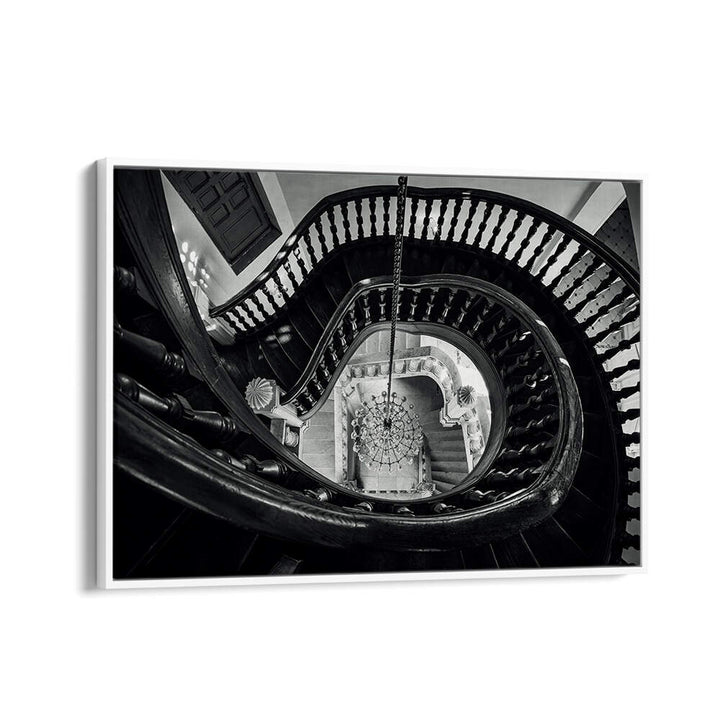 CHANDELIER AND STAIRS B&W , PHOTOGRAPHY PRINTS