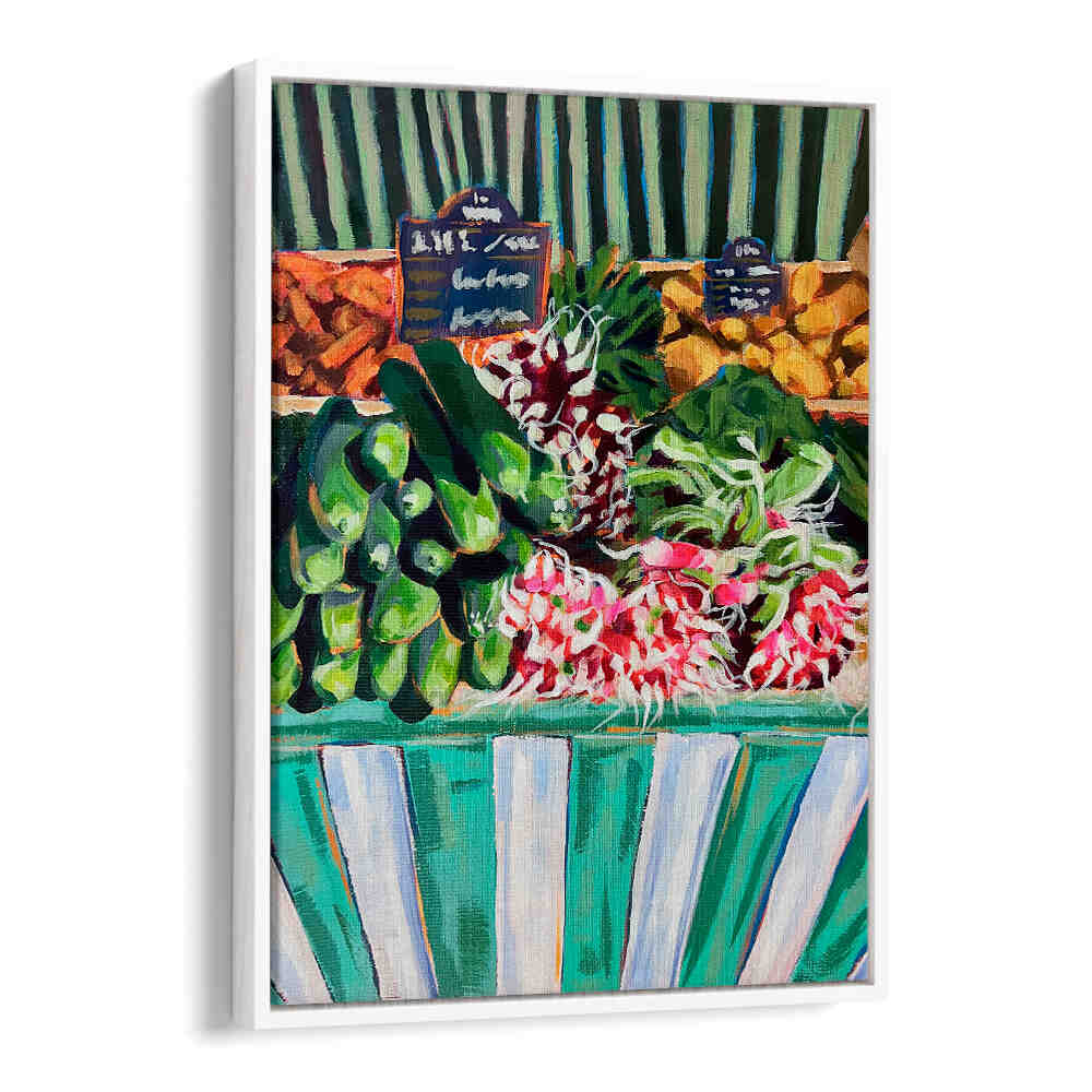 RAVISHING RADISHES , KITCHEN POSTERS market-style radish art with greens and teal striped stall for farmhouse kitchens