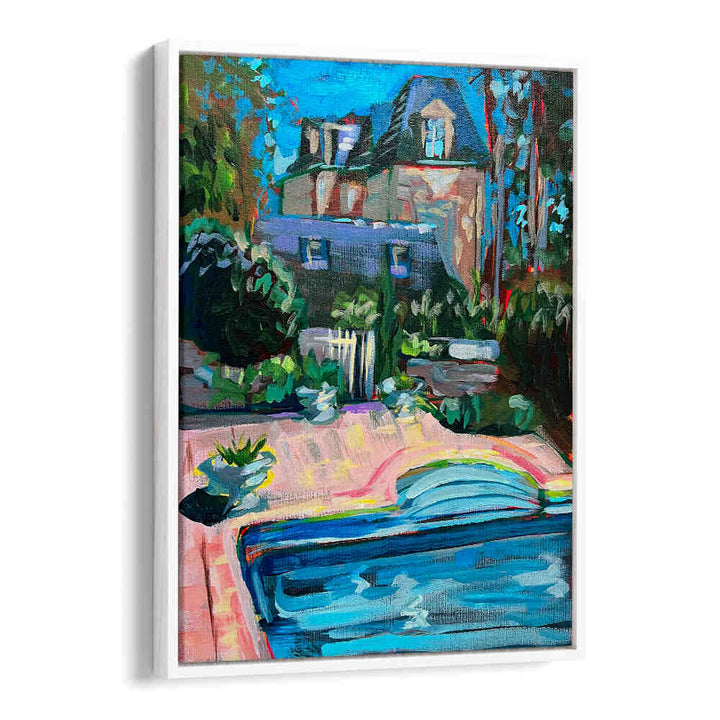 CHÂTEAU DE LA VIGNE , LANDSCAPE PAINTINGS White Floater vibrant villa, pool and sunlit vineyard rows.