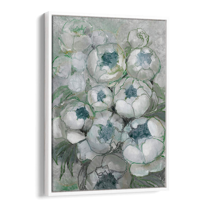 NURIA BOUQUET OF PEONIES IN TEAL AND GREEN , FLORAL FLOWER PAINTINGS