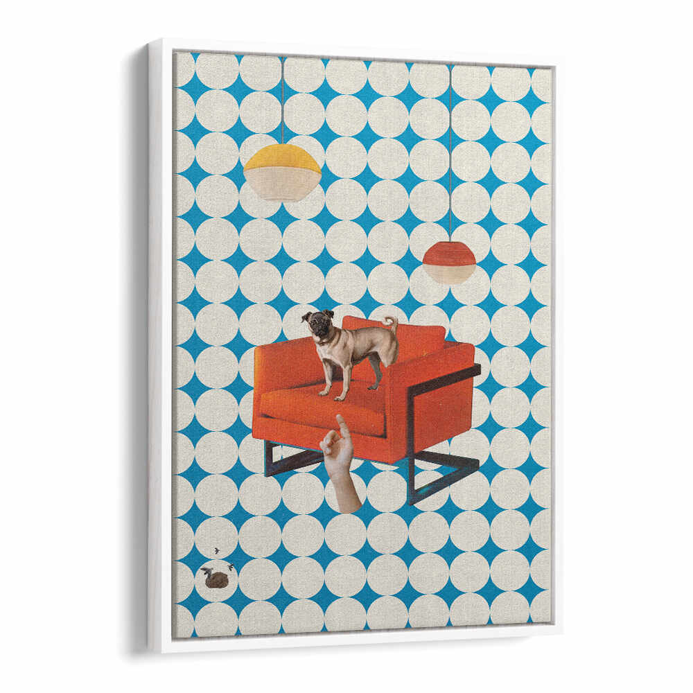 Surreal art print "IT WAS YOU" features a dog on an orange couch against a vibrant blue and white background.