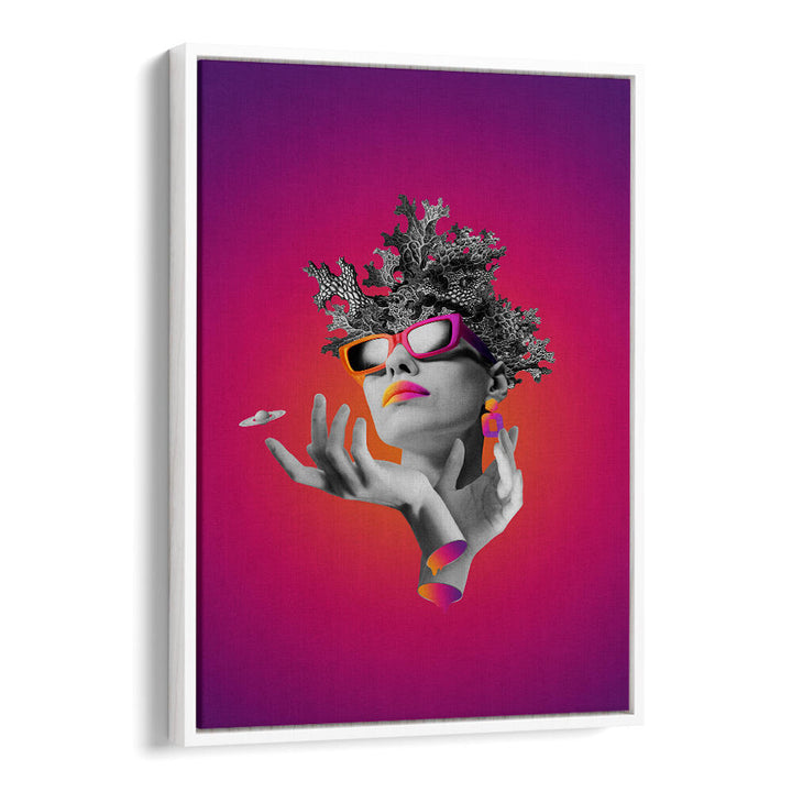 Surreal art print featuring a stylish lady with vibrant colors, titled "LADY ON PINK, SURREAL ART PRINTS."