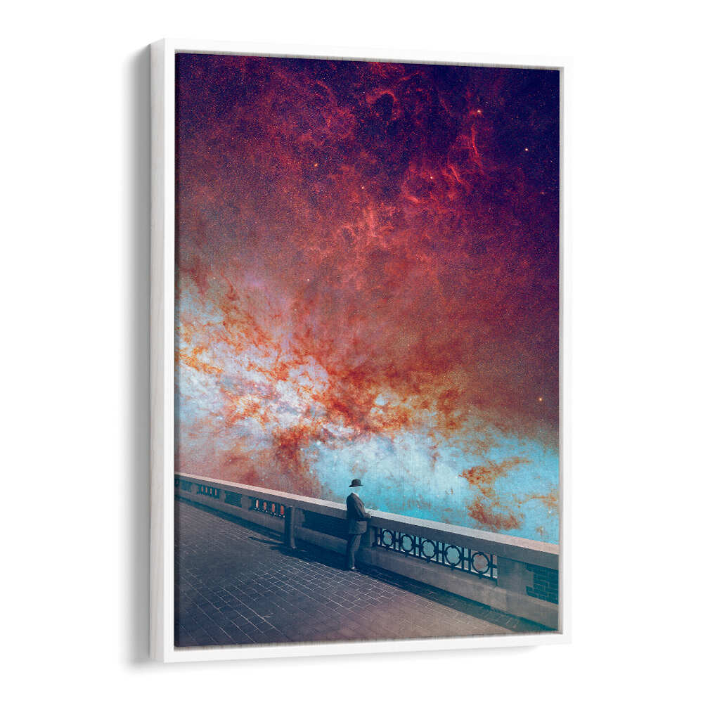 Surreal art print titled "MY-SPACE" featuring a man gazing at a cosmic backdrop, perfect for modern decor.