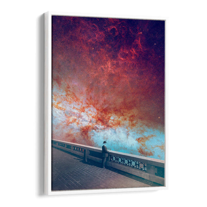 Surreal art print titled "MY-SPACE" featuring a man gazing at a cosmic backdrop, perfect for modern decor.