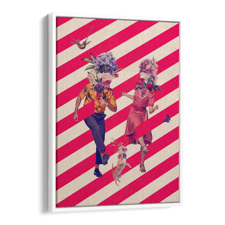 Colorful PARTY TIME, SURREAL ART PRINTS featuring joyful figures with floral heads against bold striped background.