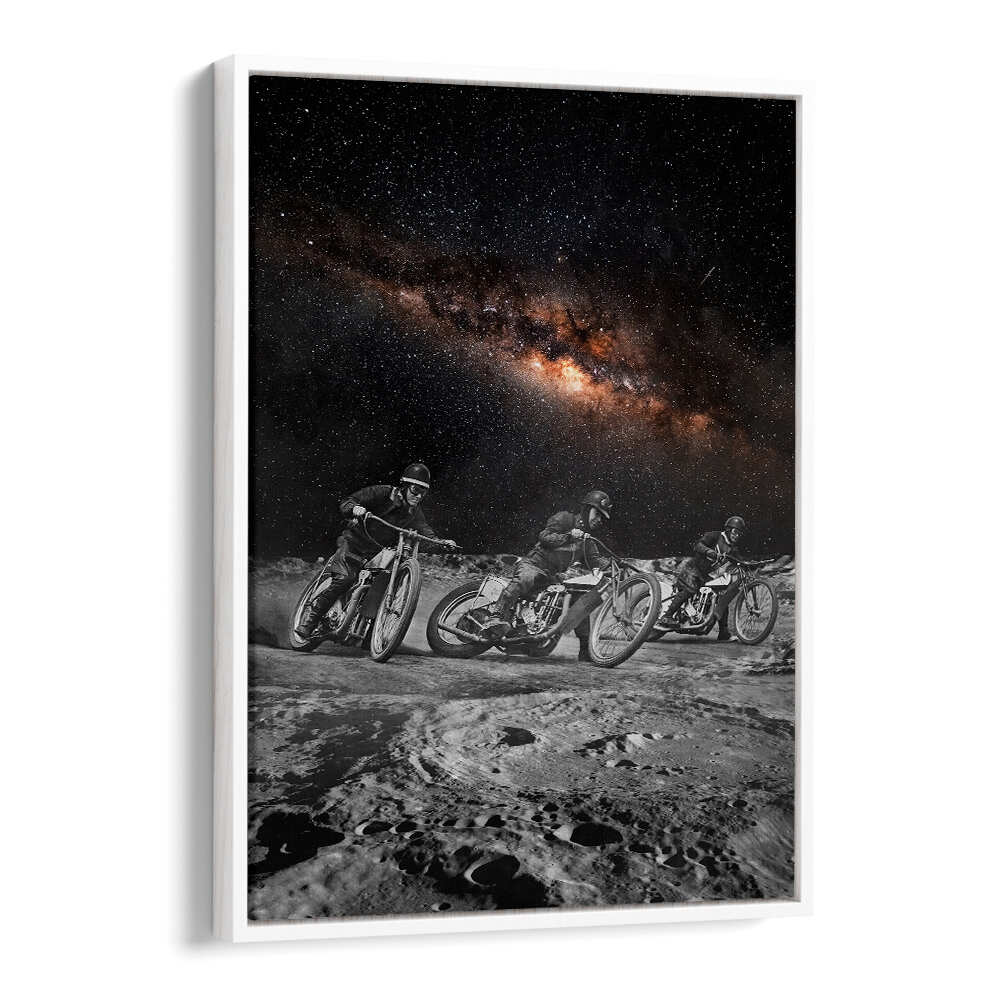 Riders racing on a lunar landscape under a starry sky, showcasing RIDERS, SURREAL ART PRINTS by Imaginary Store.
