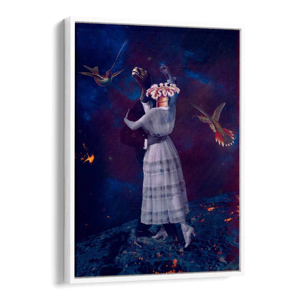 Couple dancing in a surreal landscape with vibrant birds, featured in SLOW MOTION, SURREAL ART PRINTS collection.