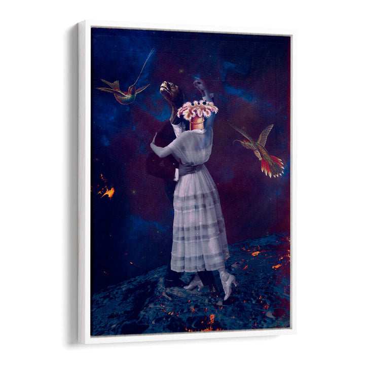 Couple dancing in a surreal landscape with vibrant birds, featured in SLOW MOTION, SURREAL ART PRINTS collection.