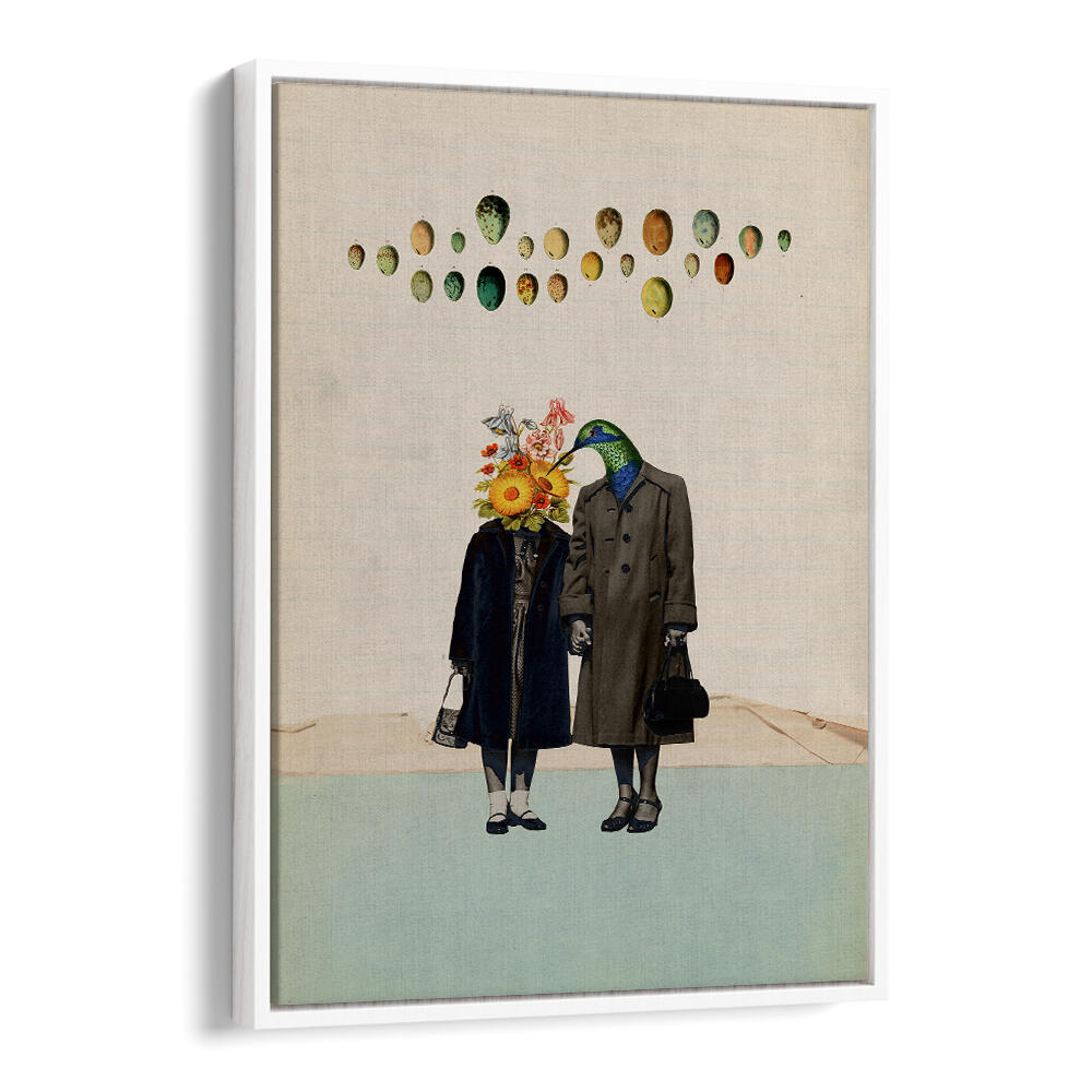 Surreal art print "SOULMATE" featuring whimsical figures with floral and bird elements, perfect for unique decor.