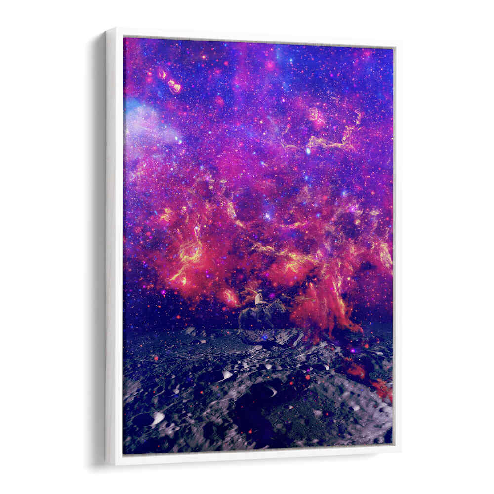 Vibrant SPACE COWBOY, SURREAL ART PRINTS featuring a cosmic landscape and a lone rider in stunning colors.